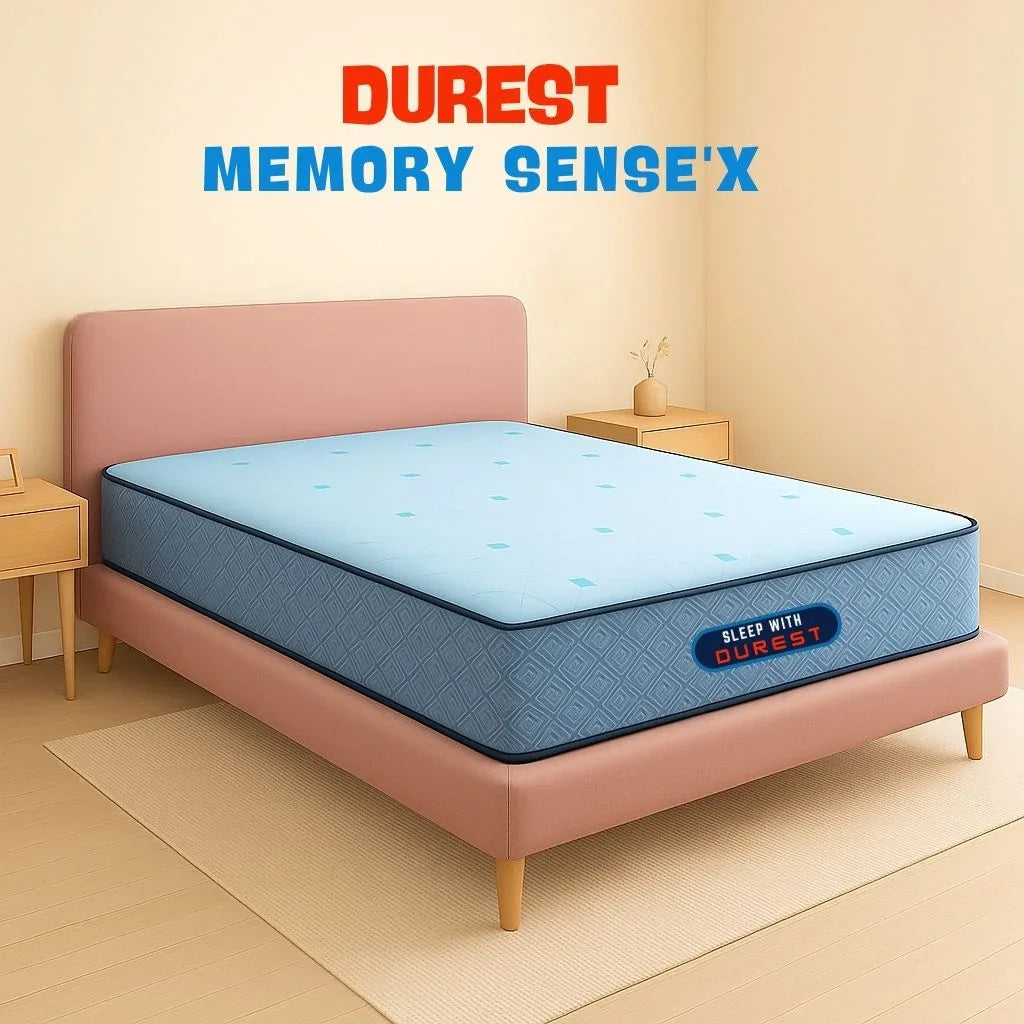 Memory SenseX mattress styled in a cozy bedroom – plush look with adaptive memory feel by sleep with durest