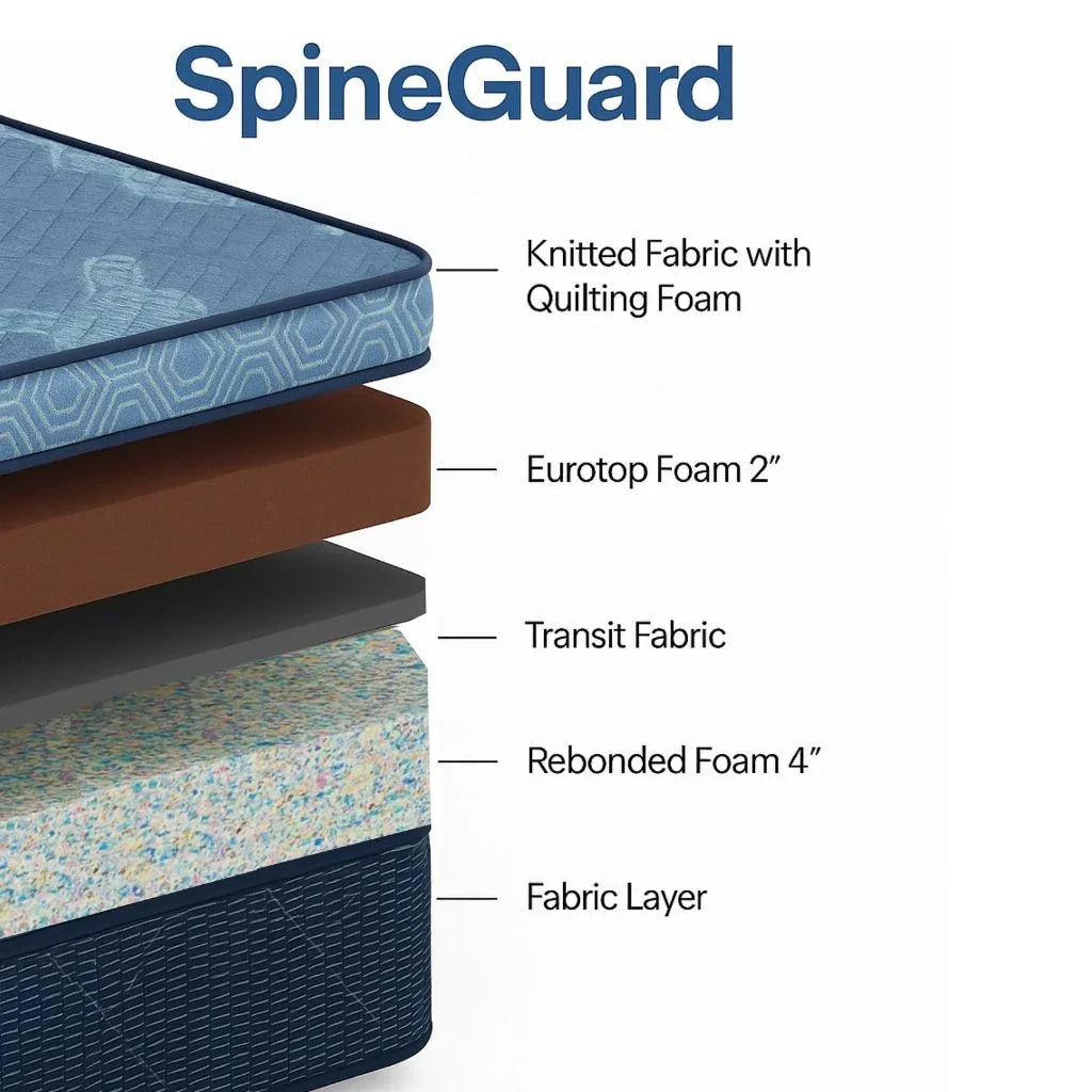 SpineGuard mattress cut-section – high-resilience foam with reinforced rebonded orthopedic core by sleep with durest