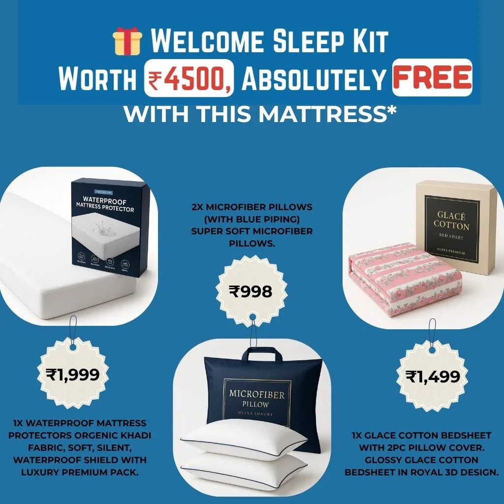 Get ₹4500 worth premium bedding free with sleep with Durest SpineGuard mattress – pillows, protector, and bedsheet included.