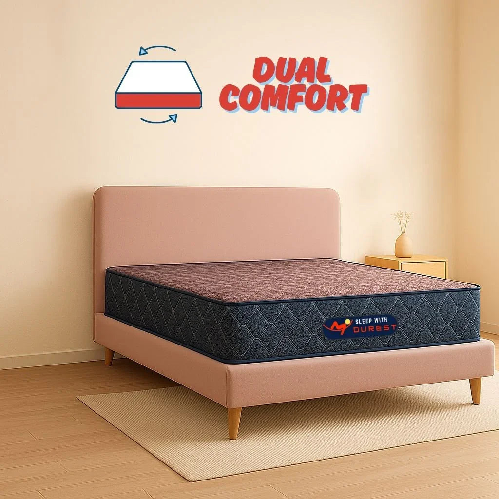 Dual Comfort mattress in bedroom setup – adaptive mattress for all sleep styles by sleep with durest 